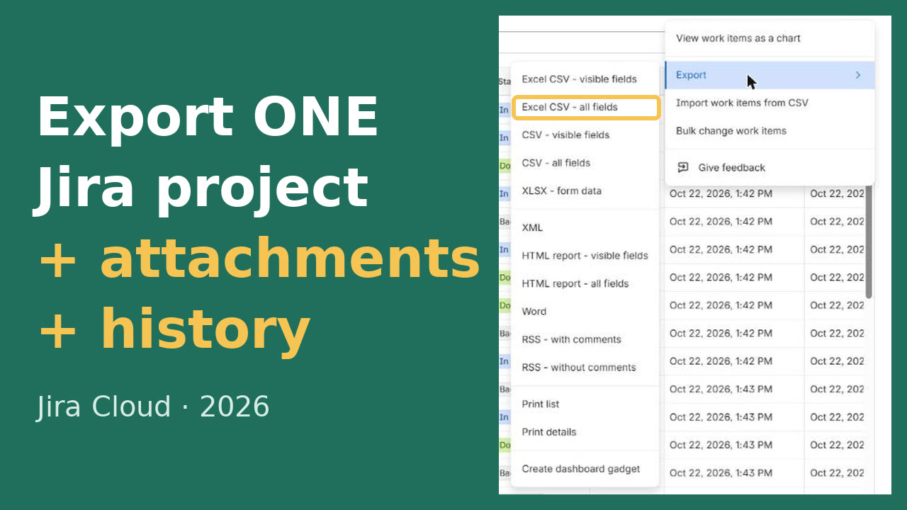 Video: export a Jira Cloud project with attachments and history (2 min 17 s)